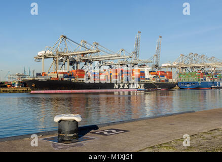 ROTTERDAM, Niederlande - 16. FEBRUAR 2016: Das containerschiff NYK JUNGFRAU der NYK Line ist auf der ECT-Terminal im Hafen von Rotterdam, T günstig Stockfoto