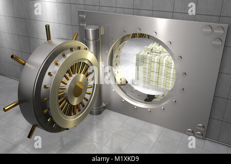 3D-Render einer Bank vault mit Stapel von 100 Dollar Scheine innen Stockfoto