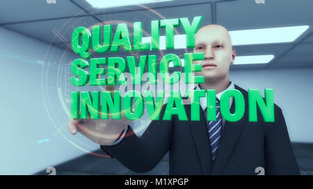 3D-Render. Geschäftsmann und Qualität, Service und Innovation text Stockfoto