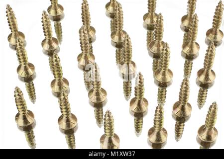 Weißer Hintergrund mit vielen stehend Messing Schrauben Stockfoto