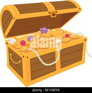 Schatzkiste gefüllt mit Goldmünzen, Edelsteinen und Schmuck. Hölzerne Piratenschatulle mit Reichtum. Vektorabbildung Stock Vektor
