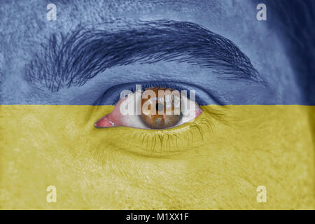 Menschliches Gesicht und Augen, mit Flagge der Ukraine lackiert Stockfoto