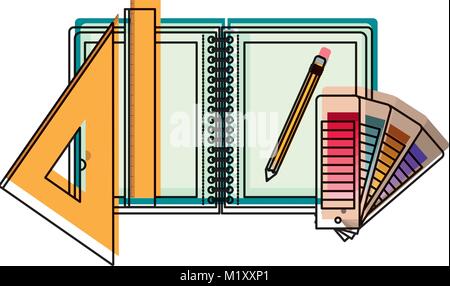 Zeichenwerkzeuge und Notebook in Aquarell Silhouette Stock Vektor