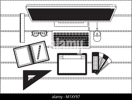 Desktop Computer- und Zeichenwerkzeuge über Schreibtisch in der Ansicht von oben in schwarz gestrichelte Kontur Stock Vektor