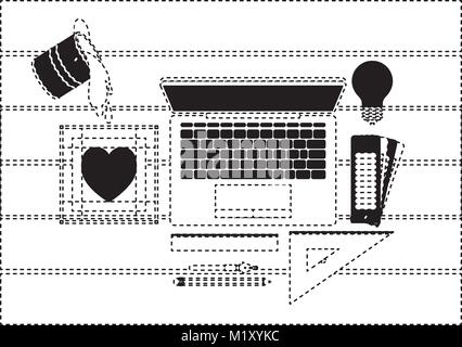 Laptop- und Zeichenwerkzeuge über Schreibtisch in der Ansicht von oben in schwarz gestrichelte Kontur Stock Vektor