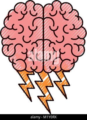Gehirn in der Ansicht von oben mit Blitzen in farbige Kreide Silhouette Stock Vektor