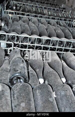 Flaschen Wein im Keller, Tufo, Sorrento, Kampanien, Italien Stockfoto