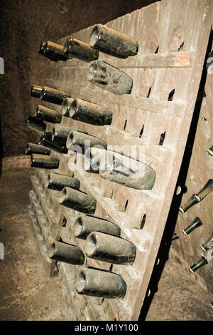 Flaschen Wein im Keller, Tufo, Sorrento, Kampanien, Italien Stockfoto