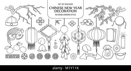 Eingestellt von isolierten Chinesisches Neujahr Dekoration. Süße Hand gezeichnet Vector Illustration in schwarzer Umriss und weißen Ebene auf weißem Hintergrund. Stock Vektor