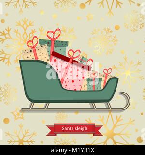Santa sleigh mit Stapel von präsentiert. Vector Illustration Stock Vektor