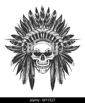 Menschliche Schädel in Native American Indian War Bonnet in Tattoo Stil gezeichnet. Vector Illustration. Stock Vektor