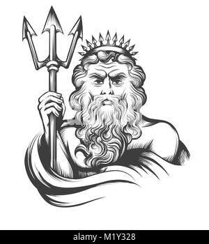 Neptun mit Dreizack in Gravur Stil auf weißem Hintergrund dargestellt. Vector Illustration. Stock Vektor