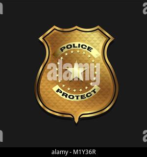 Gold Polizei Abzeichen isoliert auf schwarzem Hintergrund Stock Vektor