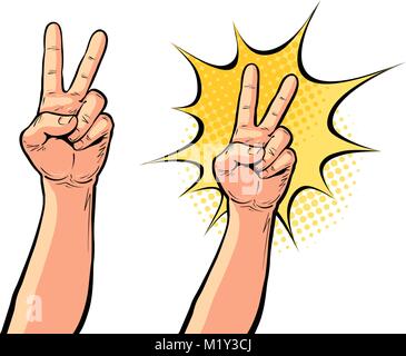 Hand Geste der Sieg oder Frieden, zwei Finger nach oben. Vector Illustration in der Pop Art retro Comic Stil Stock Vektor