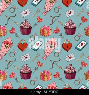 Vector Illustration einer nahtlose Muster der Aufkleber Elemente für Valentines Tag. Stock Vektor