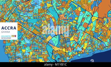 Accra, Ghana, bunte Vektor Artmap. Blue-Orange-gelbe Version für Website Infografik, Wand Kunst und Grußkarte Hintergründe. Stock Vektor