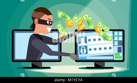 Hacking Konzept Vektor. Hacker verwenden Persönlicher Computer Diebstahl von Kreditkartendaten, persönliche Daten, Geld. Netz fischen. Hacking PIN-Code. Brechen, anzugreifen. Flache Cartoon Illustration Stock Vektor