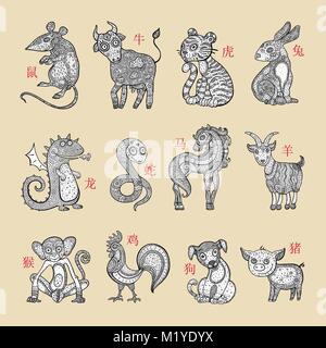 Chinesisches Sternzeichen. Satz von Zeichen des Tierkreises. Die Hand gezeichnete Illustration, Cartoon-Stil. Vektor-Horoskop Tiere. Stock Vektor