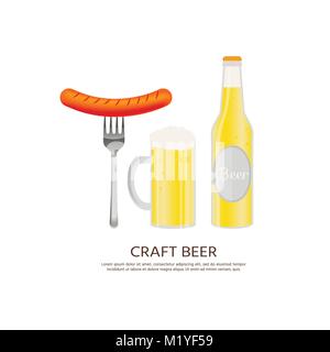 Logo mit Bierflasche, Würstchen, Tassen, Gläser. Vektor Icon mit alkoholischen Getränken. Weizen Bier, Lagerbier, Handwerk Bier ale Stock Vektor