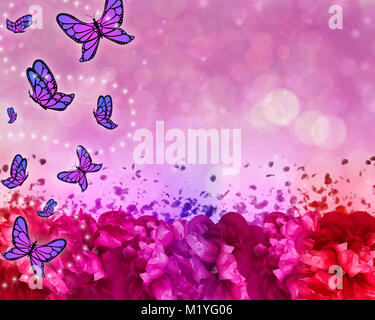 Butterfly schöne Zusammenfassung Hintergrund mit Blumen, Bokeh und funkelt gemustert. Stockfoto