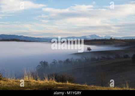 Letzten Strahlen der Sonne auf einem Hügel mit einem Nebel Tal und die spektakuläre Landschaft der Karpaten im Hintergrund Stockfoto