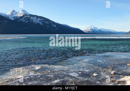 High Tide am Chilkat Mündung in der Nähe von Haines, Alaska im Winter mit Eis und Eis bedeckt mit Wasser an einem sonnigen Tag. Stockfoto