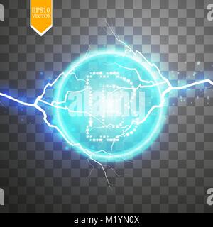 Bitcoin Bergbau, konzeptionelle Darstellung.. Digitales Geld. Konzeption von cryptocurrency. Zeichen bitcoin auf transparentem Hintergrund mit generation Teilchen Energie. Vector Illustration. Stock Vektor