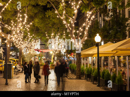 Funchal Madeira Portugal Madeira Funchal Bäume mit Weihnachtsbeleuchtung in der Innenstadt von Funchal Madeira Portugal EU Europa eingerichtet Stockfoto