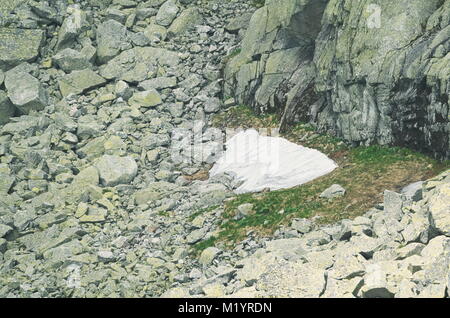 Patch von Schnee mit grauen Felsen im Sommer Stockfoto