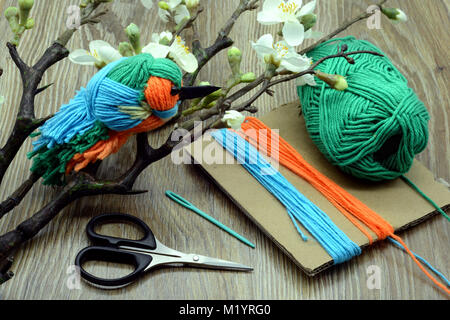 Kreative Utensilien Garn Vogel im Stil von Kingfisher zu erstellen. Kunststoff Augen und die Schere auf den Tisch. Stockfoto