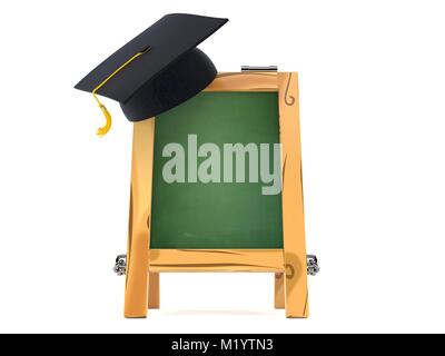 Holz- schiefertafel mit Graduierung Hut auf weißem Hintergrund Stockfoto