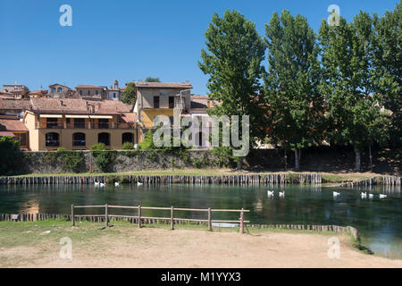 Viterbo (Latium, Italien): Gebäude entlang der Velino Fluss im Sommer Stockfoto