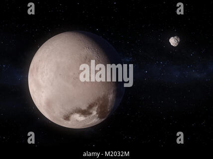 Dieses Bild ist ein Konzept der Makemake Zwergplanet seine kleinen Mond MK2 in eine präzise und wissenschaftliche artwork Design. Dies ist ein 3-D-Rendering. Stockfoto