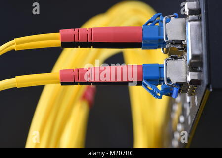 Internet Netzwerk Technologie, LWL-Kabel angeschlossen und in Data Center zu wechseln, close-up Stockfoto