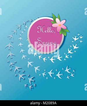 Hallo Gruß Frühling Karte mit bunten Hand gezeichneten Blüten auf blauem Hintergrund isoliert. Zusammensetzung mit Blumen und Zugvögel Stock Vektor