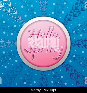 Hallo Gruß Frühling Karte mit bunten Hand gezeichneten Blüten auf blauem Hintergrund isoliert Stock Vektor
