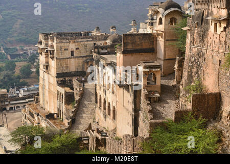 Die atmosphärischen ruiniert Bundi Palace, Rajasthan, Indien Stockfoto