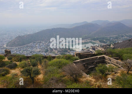 Die blaue Stadt von Bundi, von der Bundi Palace, Rajasthan, Indien Stockfoto