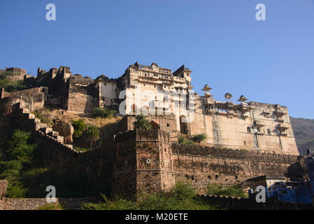 Die atmosphärischen ruiniert Bundi Palace, Rajasthan, Indien Stockfoto