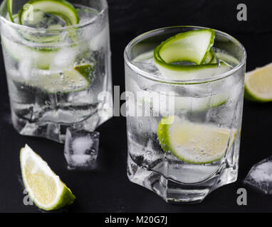 Gin Tonic mit Gurke, Kalk und Eis im Glas Stockfoto