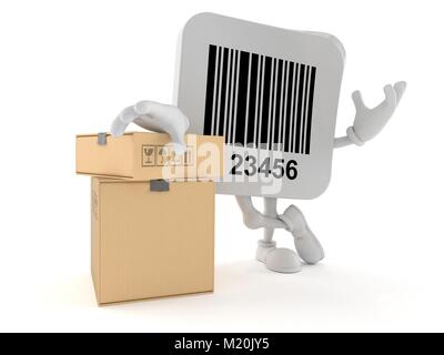 Barcode Charakter mit Stapeln von Kisten auf weißem Hintergrund Stockfoto