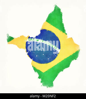 Amapa aquarell Karte mit brasilianischen Nationalflagge vor einem weißen Hintergrund Stockfoto