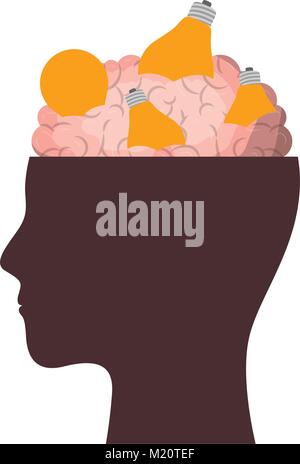 Menschliches Gesicht braun Silhouette mit Gehirn mit Glühbirnen in bunten Silhouette ausgesetzt Stock Vektor