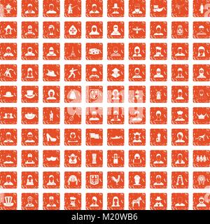 100 Folk Icons Set grunge orange Stock Vektor