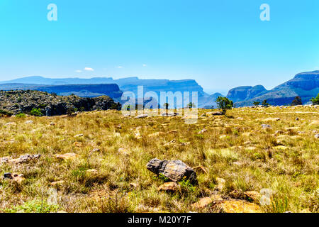 Blick auf das highveld und den Blyde River Canyon entlang der Panorama Route in Mpumalanga Provinz von Südafrika Stockfoto