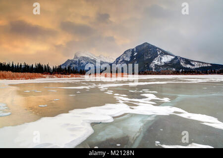 Winter Sonnenaufgang über einen gefrorenen Vermilion Lakes im Banff National Park mit schneebedeckten Mount Rundle im Hintergrund und Pine Tree silhouette entlang der Stockfoto