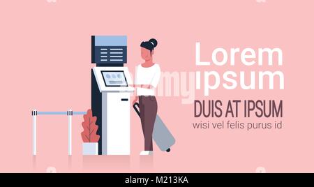 Frau mit Koffer mit Queue Management System Terminal am Flughafen warten für Check-in und Registrierung Stock Vektor