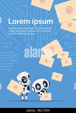 Zwei moderne Roboter Chatter Bots mit E-Mail Briefe Chatbots über Stromkreis Hintergrund mit Kopie Raum Stock Vektor