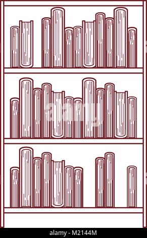 Bücher im Regal der drei Ebenen in dünne dunkle rote Kontur gestapelt Stock Vektor
