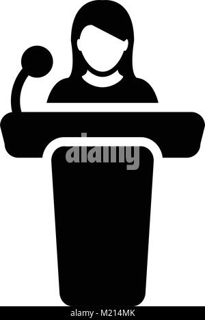 Das öffentliche Sprechen Symbol Vektor weibliche Person auf dem Podium ...
